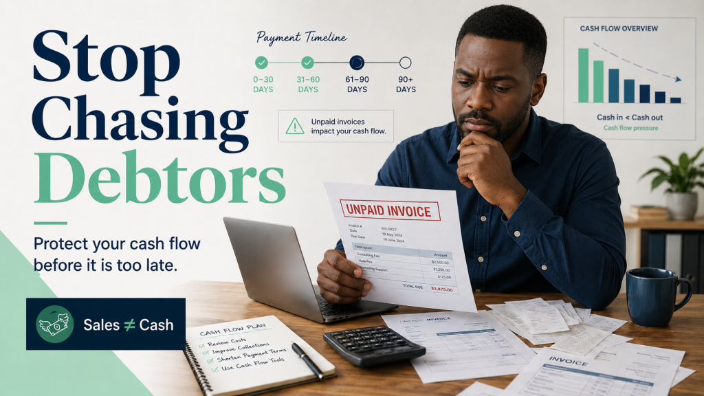 Small business owner reviewing an unpaid invoice and cash flow documents at a desk