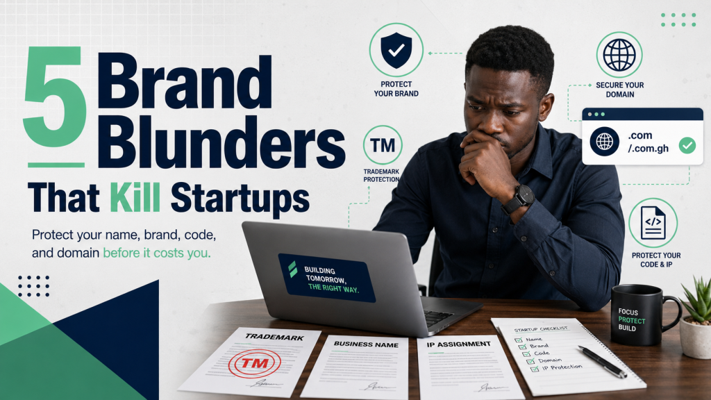 African startup founder reviewing trademark, business name, domain, and IP protection documents