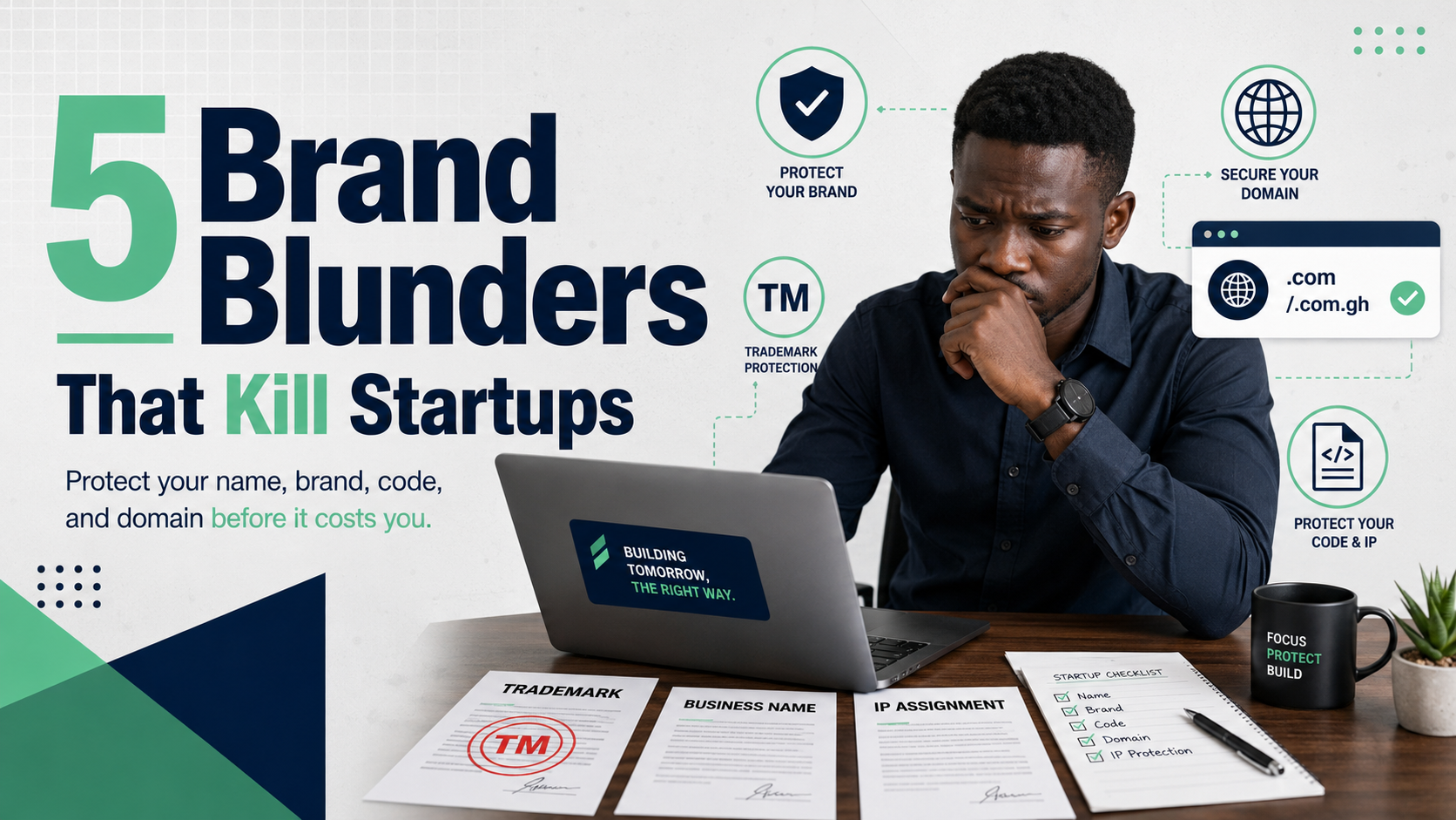 African startup founder reviewing trademark, business name, domain, and IP protection documents